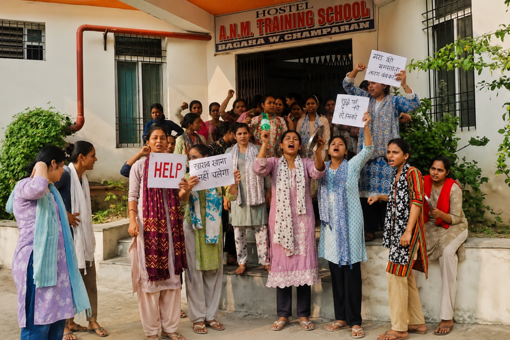 बगहा एएनएम छात्रावास में खराब भोजन और पेयजल संकट को लेकर प्रदर्शन करती छात्राएं