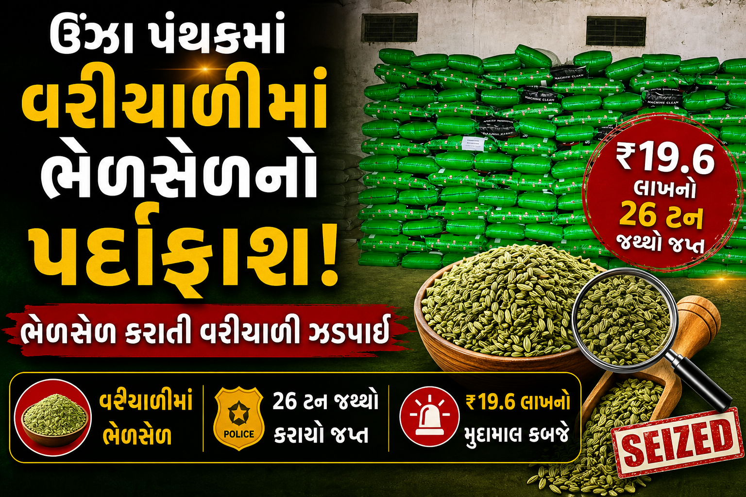 ઊંઝા પંથકમાં વરીયાળીમાં ભેળસેળનો પર્દાફાશ, ₹19.6 લાખનો 26 ટન જથ્થો જપ્ત